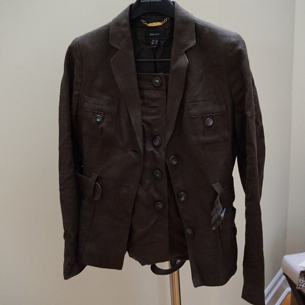 Unworn MNG Suit w Belted Blazer & Skirt Dark Olive